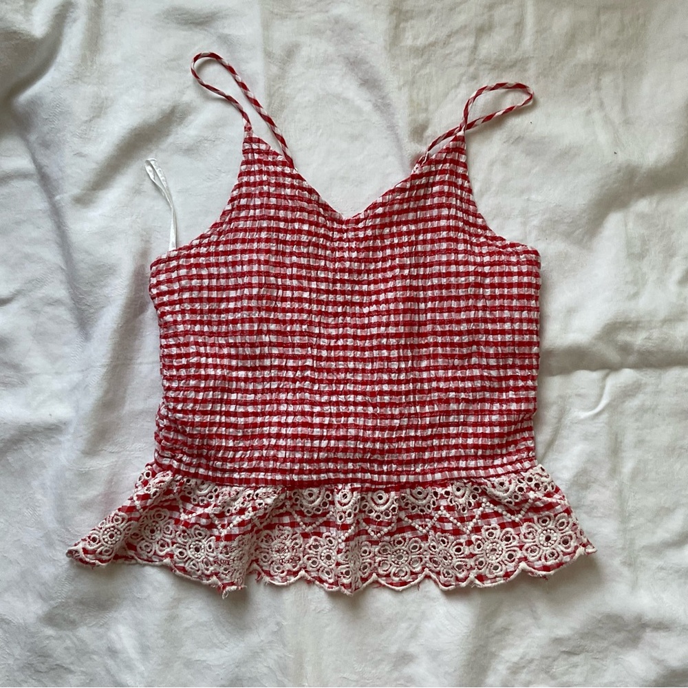 Red and White Gingham Lace Trim Top